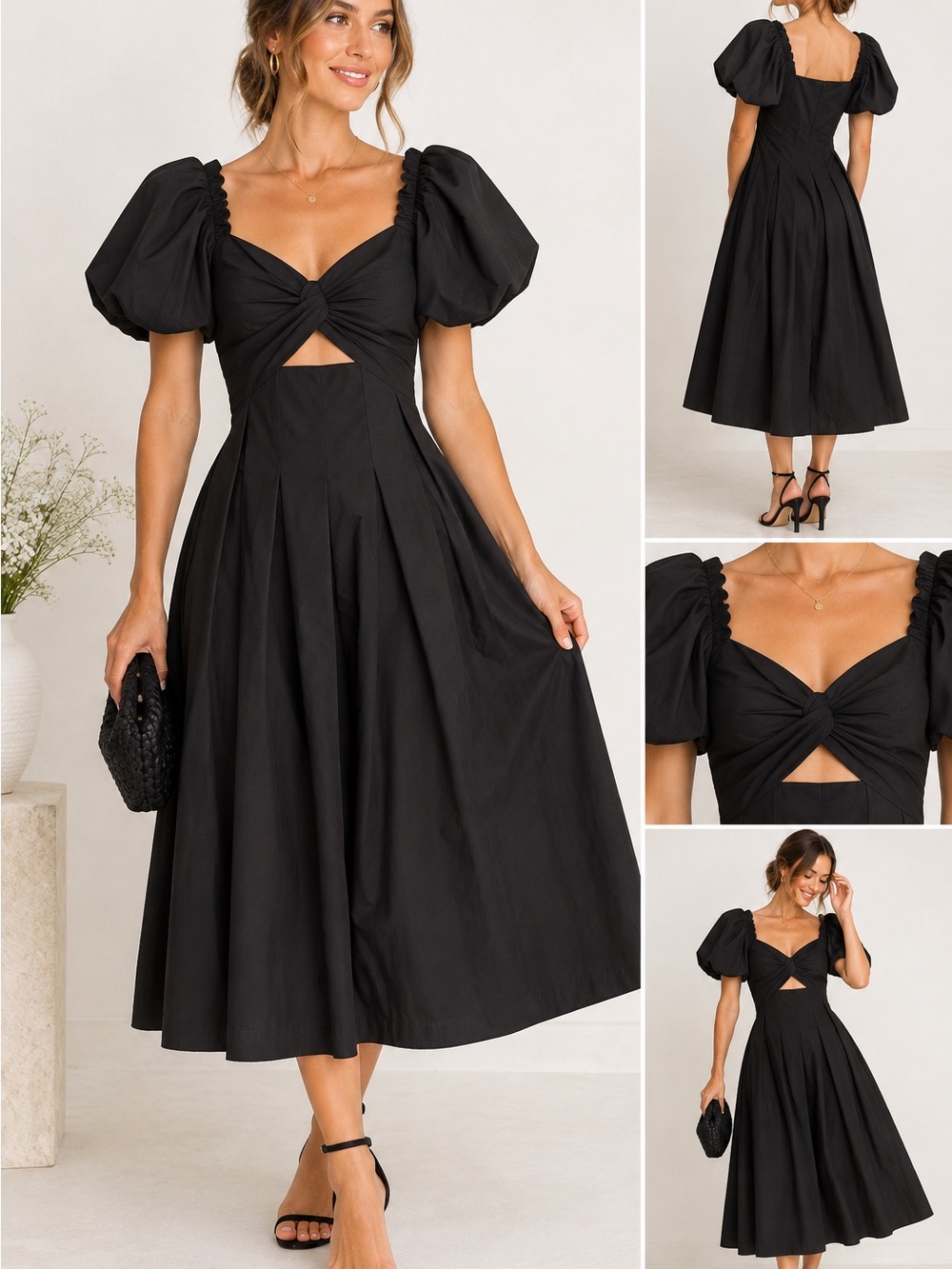Petal & Pup NWT Black Puff Sleeve Cutout Cotton Midi Dress S
